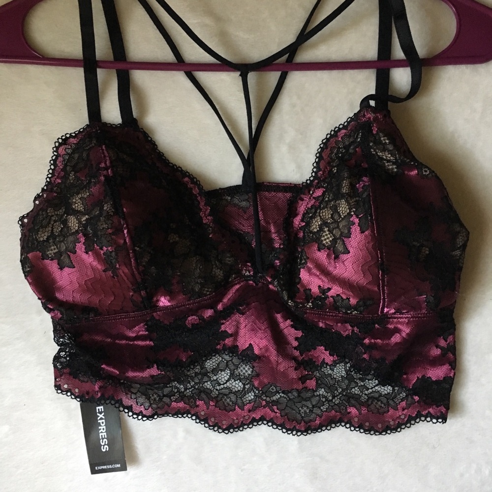 EXPRESS magenta & black lace harness bra top NWT🌺